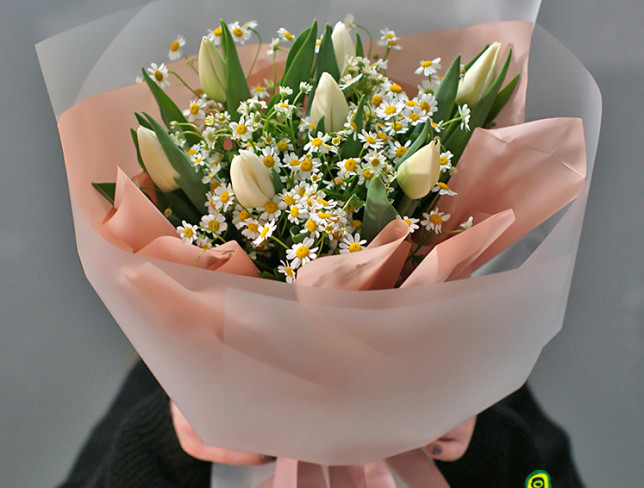 Bouquet of white tulips and chamomile Matricaria photo